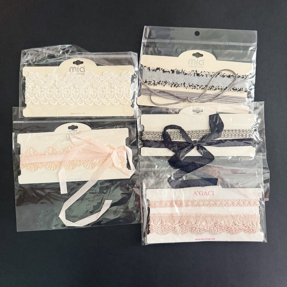 10pc Mia Collection A'Gaci Choker Necklace Set Lace Chain Ribbon Pink Silver NEW